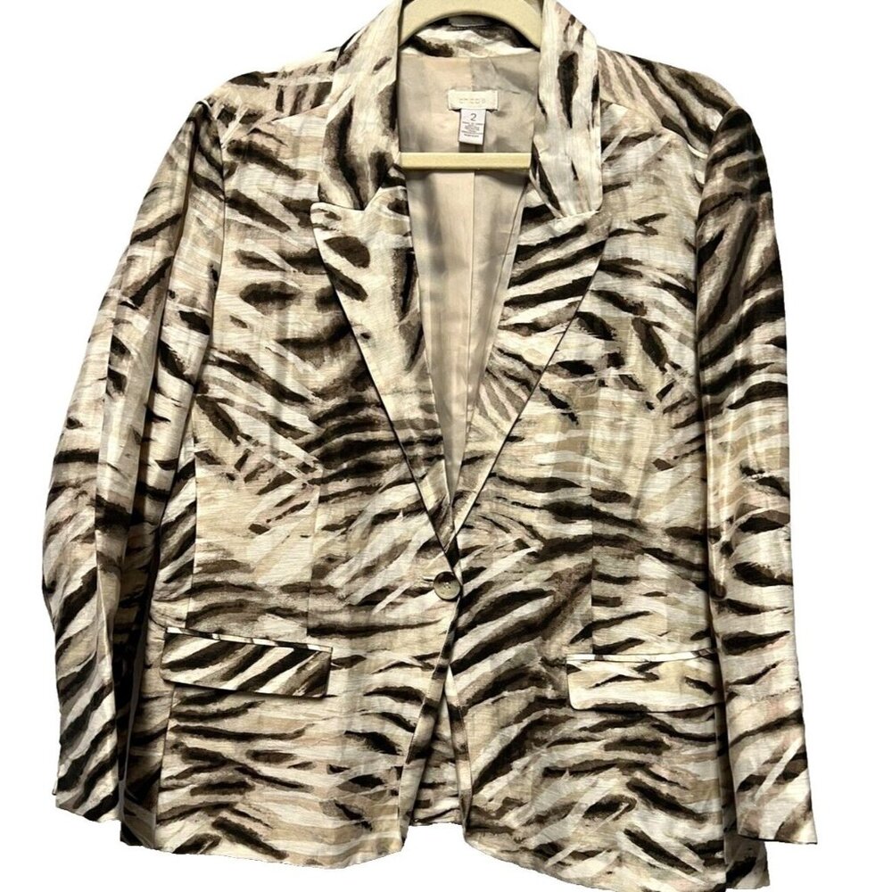 Chicos Womens Jacket 2 Tan Large‎ Button Front Linen Lightweight Animal Cruise